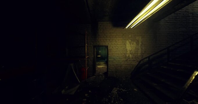 pitch black subterranean passage with distant arched light, narrow threshold opening to illuminated recess, heavy shadow and silent atmosphere evoking mystery
