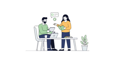 A man sits at a desk using a laptop while a woman stands beside him, holding a book and discussing ideas in a modern, minimalist workspace. © Ahmad