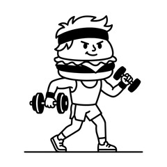 Naklejka premium hamburger character lifting dumbbells line drawing illustration vector clipart black and white