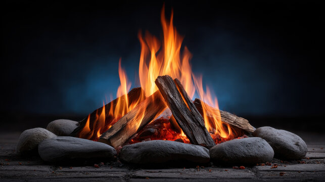 Campfire flames with wood and stone on dark background, glowing orange fire, closeup fire pit scene