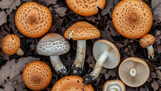 variety of wild mushrooms on forest floor with brown leaves