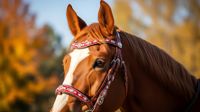 portrait of brown horse with white blaze and ornate bridle in autumn