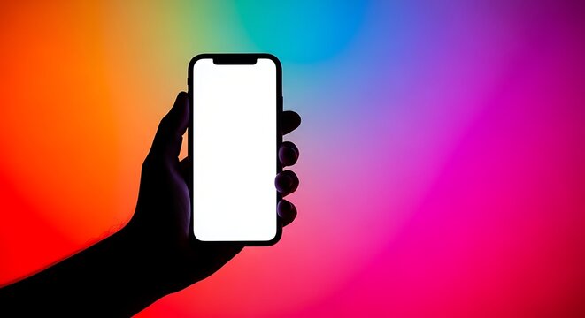 Silhouette Hand Holding Smartphone on Rainbow Background