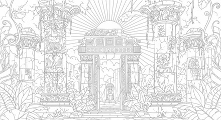 Obraz premium Intricate Ancient Temple Ruins Line Art Illustration with Overgrown Jungle Vines and Mystical Sunburst. Fantasy Coloring Page.