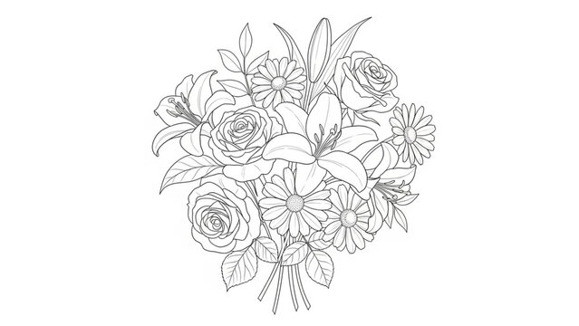 Floral Coloring Page: Hand-Drawn Bouquet of Roses, Lilies, and Daisies