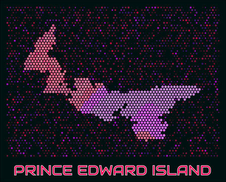Prince Edward Island digital style hexagon map. Vibrant magenta purple pink neon dotted shape. Province tiny bright hexagon cells. Prince Edward Island honeycomb map design.