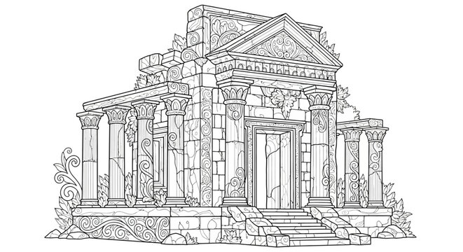 Ancient Ruined Temple Line Art Drawing. Classical Roman Greek Architecture with Pillars, Ornate Carvings, and Overgrown Foliage.