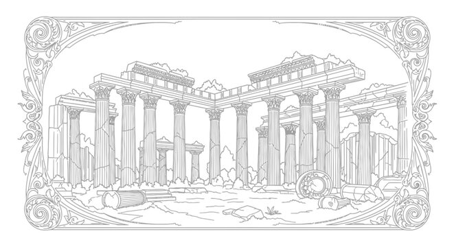 Ancient Temple Ruins Line Art Illustration, Classical Architecture with Columns, Historical Landmark Drawing, Greyscale Outline for Coloring
