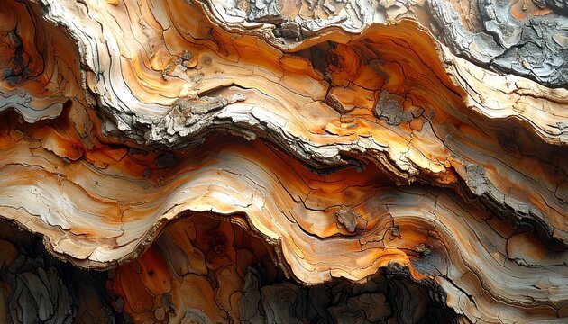 Close-up of aged tree bark, displaying intricate patterns and rich textures. The rough surface presents dynamic swirls of brown & orange hues