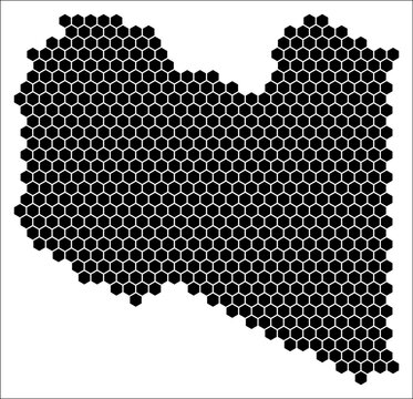 Libya simple black and white hexagon map shape template. Country plain hexagon cell dots. Libya flat honeycomb boundary. Vector Illustration.