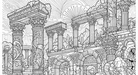 Obraz premium Detailed Line Art Illustration of Ancient Classical Ruins with Crumbling Columns and Arches, for Adult Coloring Books