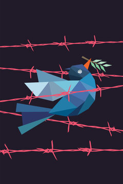 Polygon blue peace dove carrying olive branch trapped in pink barbed wire with dark purple vertical background have blank space.