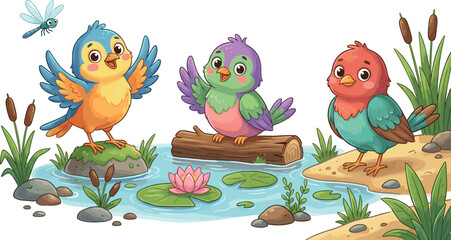 Obraz premium Cute Cartoon Birds Perched Near Pond with Water Lily, Dragonfly, and Reeds in Whimsical Nature Wildlife Illustration for Kids Design