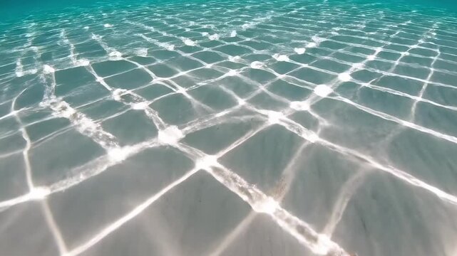 Submerged view near a pristine tropical beach with white sand and turquoise water, highlighting sunwoven light grids on the sandy floor, remarkable clarity, and peaceful shallow lagoon stillness