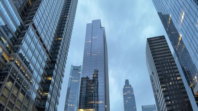 Chicago Downtown Skyscrapers, Low Angle Gliding Shot of Glass Office Buildings