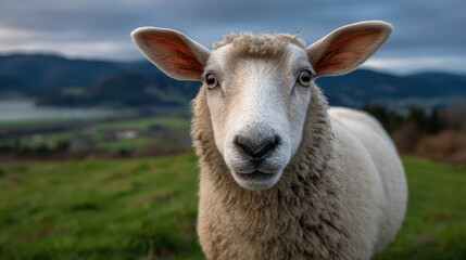 Obraz premium Sheep portrait in green pasture under cloudy sky with soft light and mountain view