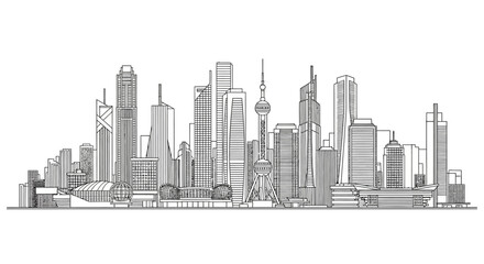 Fototapeta premium Modern city skyline line art illustration with tall skyscrapers and a futuristic urban landscape. Detailed vector sketch of a metropolitan panorama.
