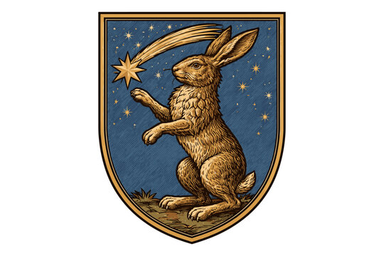 Heraldic Hare Standing on Hind Legs Reaching for a Falling Star Inside a Shield Coat of Arms Design; Hand-Drawn Engraving Style Vector Illustration with Starry Night Sky, Comet, and Vintage Art.