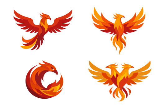 Collection of Four Stylized Phoenix Bird Logos and Icons Featuring Mythical Fire Creatures with Spread Wings and Flames for Branding, Tattoo Art, and Graphic Design Elements in Vector Format