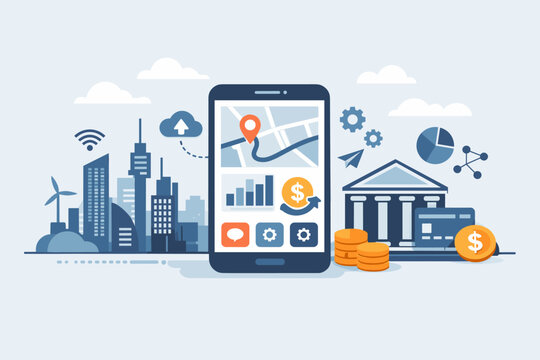 Flat vector illustration of a smartphone featuring mobile banking and navigation apps, surrounded by a city skyline, financial icons, bank building, coins, and technology symbols for smart cities.