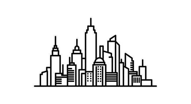 Minimalist black line art illustration of a modern city skyline with various urban buildings and skyscrapers on a white background