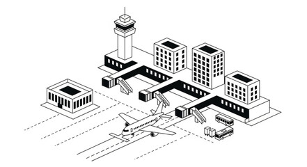 Fototapeta premium Modern Airport Terminal Building with Control Tower and Airplane.