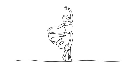 A minimalist single line drawing of a graceful ballerina dancing on stage in a fluid motion style Vector, illustration © Badhon_Designer