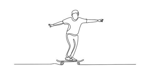 A single continuous line drawing of a male figure balancing carefully while riding a skateboard Vector, illustration © Badhon_Designer
