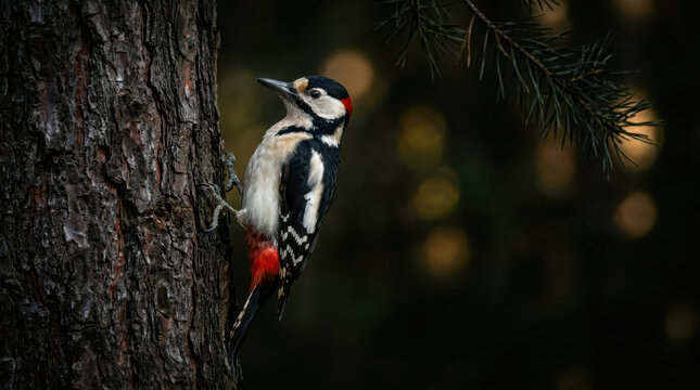 Great spotted woodpecker clinging to a pine tree trunk.