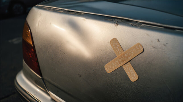 Car with band-aid on dented bumper in sunlight.