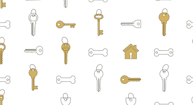 Seamless pattern featuring hand drawn golden keys and house icon.