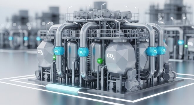 Industrial carbon capture facility with massive storage tanks complex piping systems actively sequestering co2 emissions, for global transition to clean energy solutions