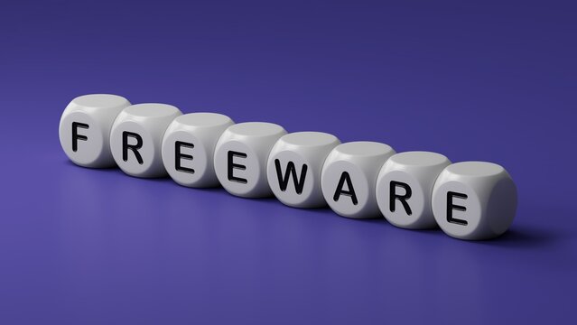 freeware.wooden dice spelling.Flat lay view from above on wooden dice buttons.IT technology concept.3D rendering.