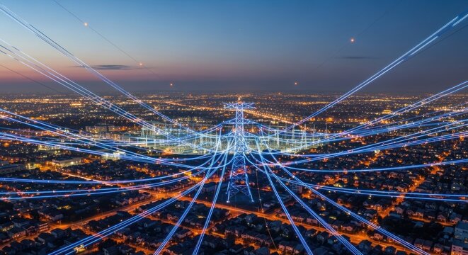 High voltage electricity pylon distributing glowing blue energy lines across vast urban city night, for smart power grid future sustainable digital connectivity