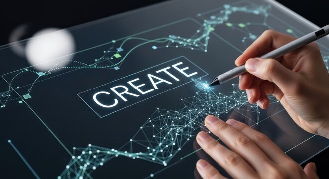 Professional hand using digital stylus pen on futuristic touch screen with data visualizations word create, for innovative design processes modern technology solutions