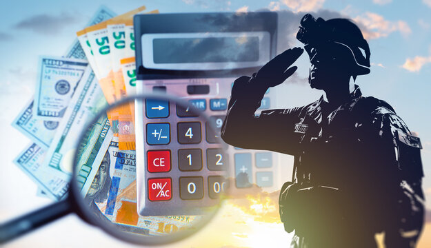Military budget analysis. Soldier silhouette salutes while financial symbols, calculator and currency illustrate defense spending evaluation, resource planning and security funding management.