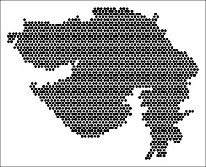 Obraz premium Gujarat hexagon map. Plain black and white dotted shape template. State tiny hexagon cells. Gujarat flat honeycomb template. Vector Illustration.