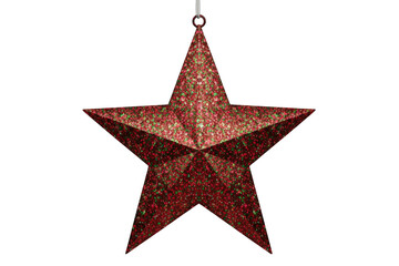 Obraz premium Red glitter christmas star ornament hanging, sparkling festive holiday decoration, transparent background