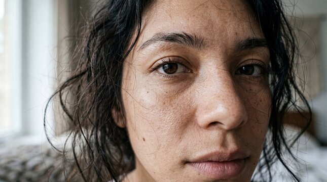 Natural Skin Texture Close-Up Portrait of Young Woman in Soft Window Light