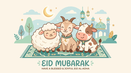 Fototapeta premium Cute Eid Al Adha Qurban Animals Greeting Vector