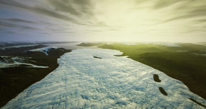 Aerial ice shelf under stormy light, research drone collecting sensor data, rugged crevasse fields, sample sites visible near melt channels, imagery suited