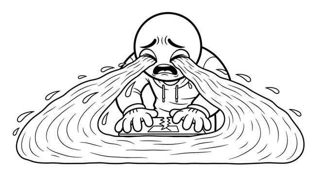 Crying man with water pouring down.