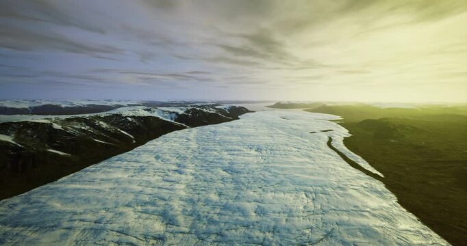 aerial glacier ridge at sunrise, vast icefield stretching toward glowing horizon, rugged moraine edges, subtle melt reflections, crisp cold atmosphere, remote