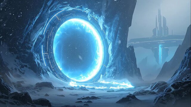 Sci-fi portal in snowy cave