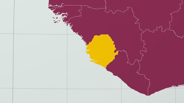 Sierra Leone map. Animated zoom into the country on the Globe in Pale Mint Dark Pink color palette. Country logo animation with round text and airplanes. Map with meridians, parallels. Creative video.