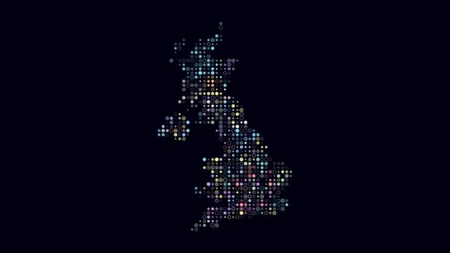 United Kingdom map animation. Shape of the country with pulsating colored dots. Small size circle blocks. Digital style United Kingdom map on dark background. Artistic video.
