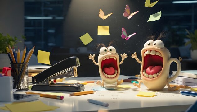 Funny Cartoon Office Chaos With Screaming Characters, Flying Sticky Notes, And Workplace Stress