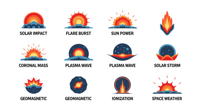 Vibrant solar system vector set illustrating various space phenomena, including solar impact, flare burst, sun power, coronal mass ejection, plasma wave, solar storm, geomagnetic