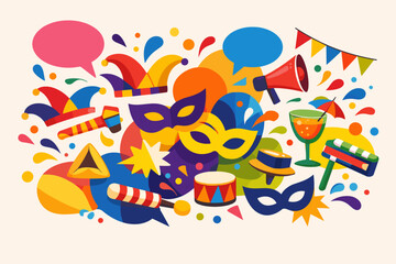 Obraz premium Happy Purim Jewish Holiday Poster with Abstract Geometric Carnival Elements, Colorful Vector Illustration Featuring Masks, Hamantaschen, Noisemakers, Jester Hats, and Festive Party Decorations