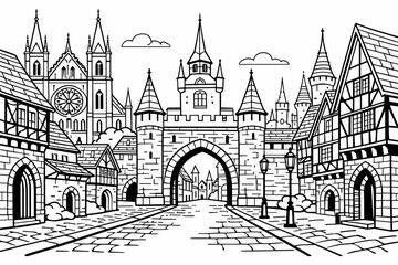 Fototapeta premium Detailed line art vector illustration of a historic European medieval town with Gothic architecture, featuring a cobblestone street, a grand castle gate, a cathedral, and half-timbered houses.
